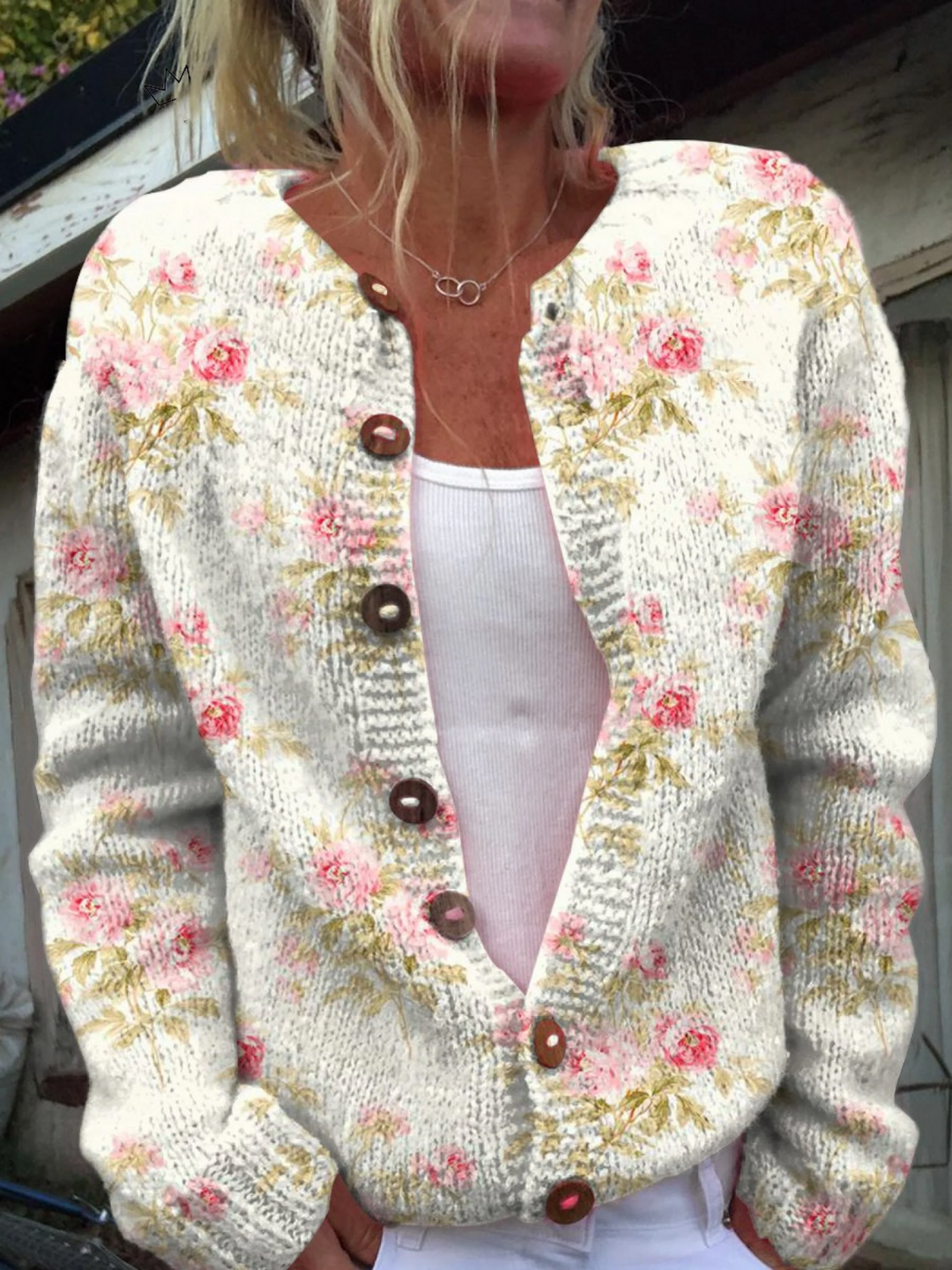 Nina Cardigan til damer i strik med blomsterprint, billede 1
