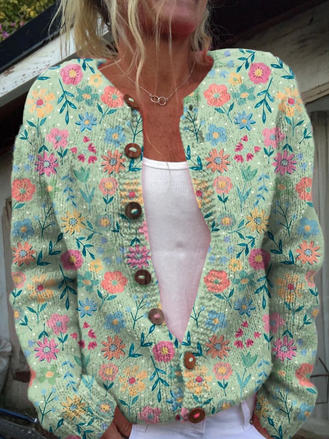 Olivia Cardigan til damer i strik med oversize pasform og blomsterprint, billede 1