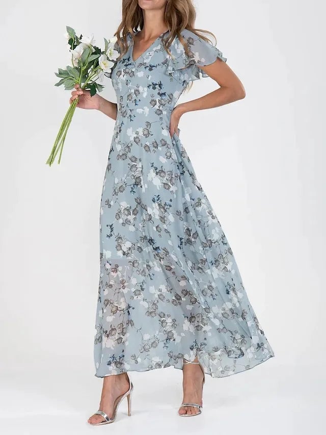 Rie Kjole til damer med V-hals med korte ærmer og blomsterprint, billede 1