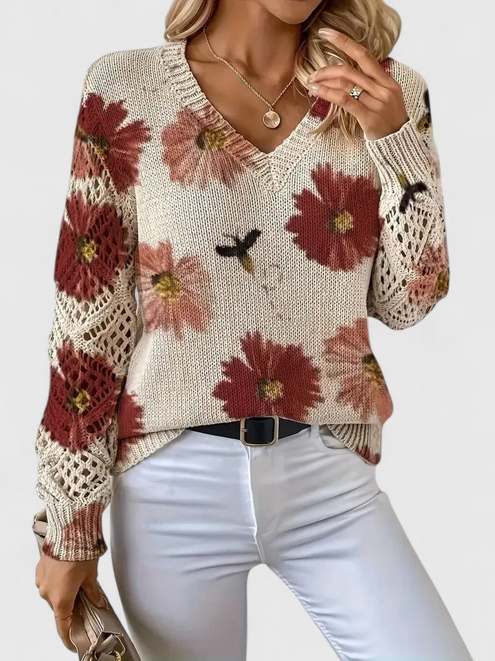 Rosa Cardigan til damer med V-hals og blomsterprint, billede 14