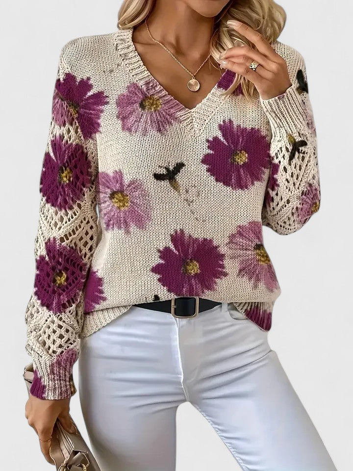 Rosa Cardigan til damer med V-hals og blomsterprint, billede 16