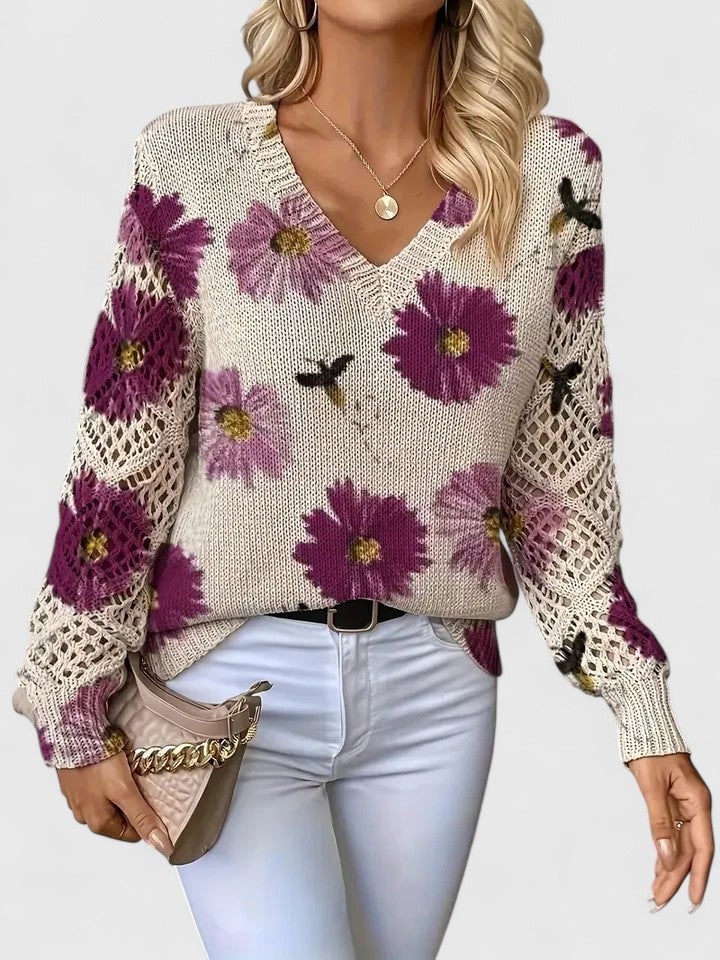 Rosa Cardigan til damer med V-hals og blomsterprint, billede 4