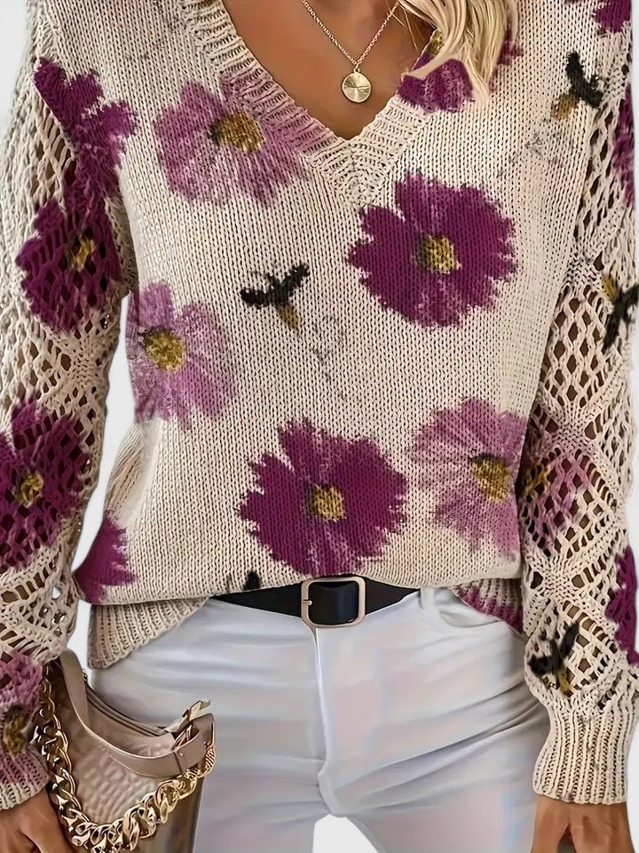 Rosa Cardigan til damer med V-hals og blomsterprint, billede 5