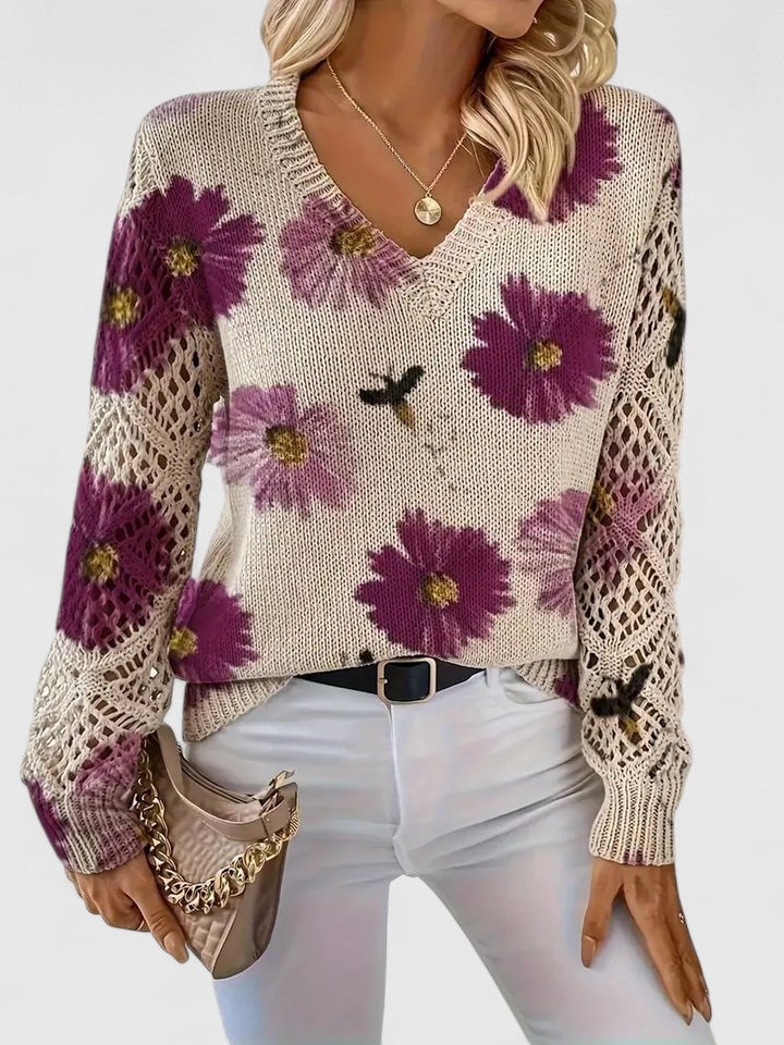 Rosa Cardigan til damer med V-hals og blomsterprint, billede 6