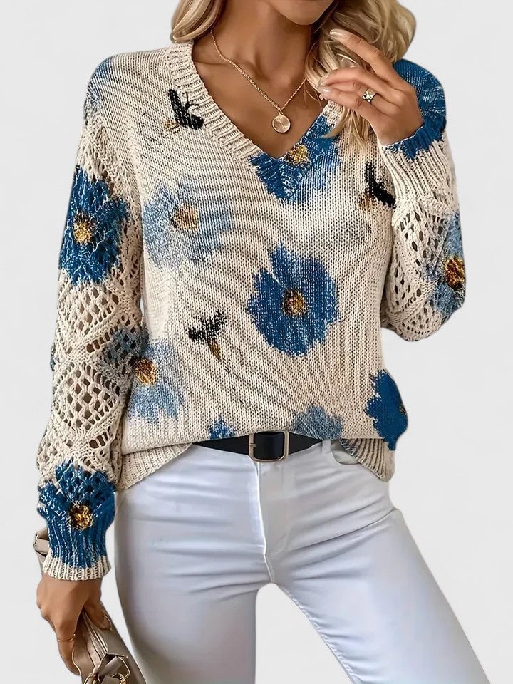 Rosa Cardigan til damer med V-hals og blomsterprint, billede 7