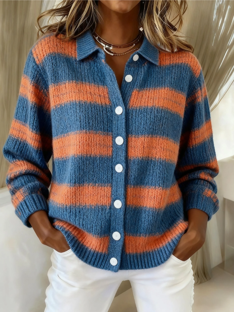 Signe Cardigan til damer i strik med knapper og striber, billede 1