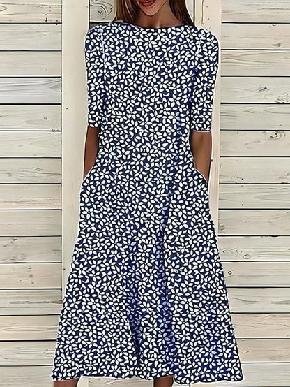 Anna Kjole til damer med rund hals med korte ærmer og blomsterprint, billede 1