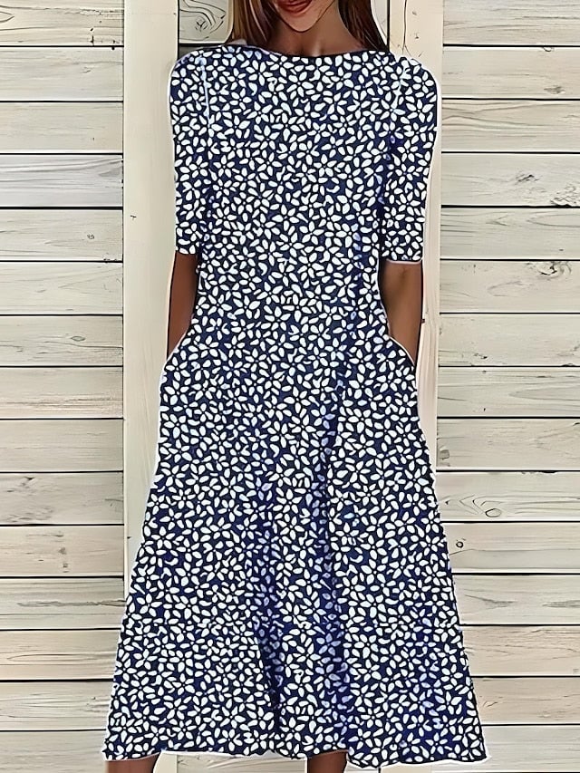 Anna Kjole til damer med rund hals med korte ærmer og blomsterprint, billede 1