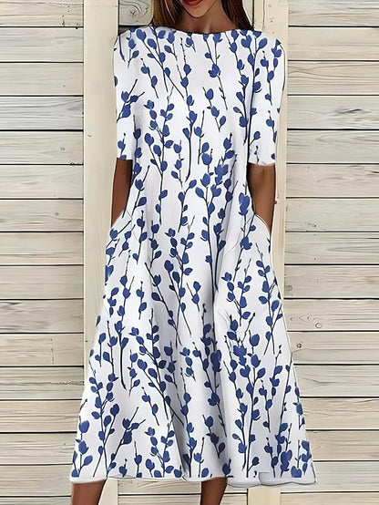 Anna Kjole til damer med rund hals med korte ærmer og blomsterprint, billede 2