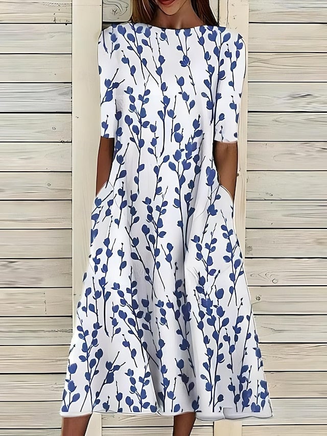 Anna Kjole til damer med rund hals med korte ærmer og blomsterprint, billede 2