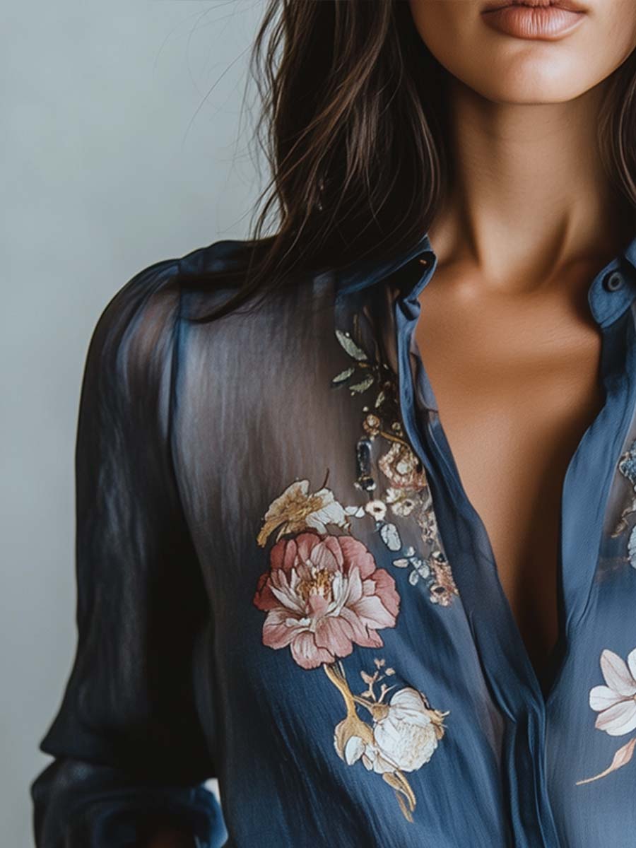 Asa Bluse til damer med løs pasform og blomsterprint i blå, billede 4