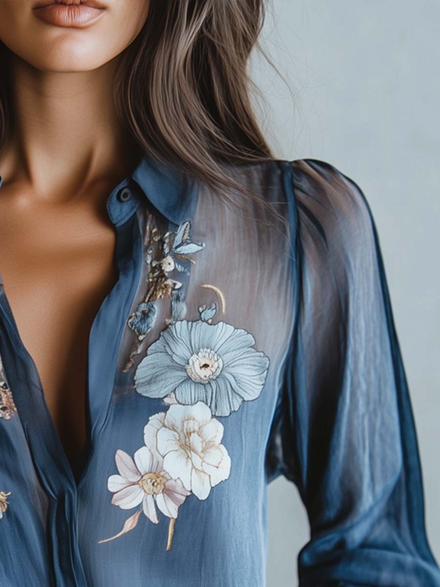 Asa Bluse til damer med løs pasform og blomsterprint i blå, billede 5