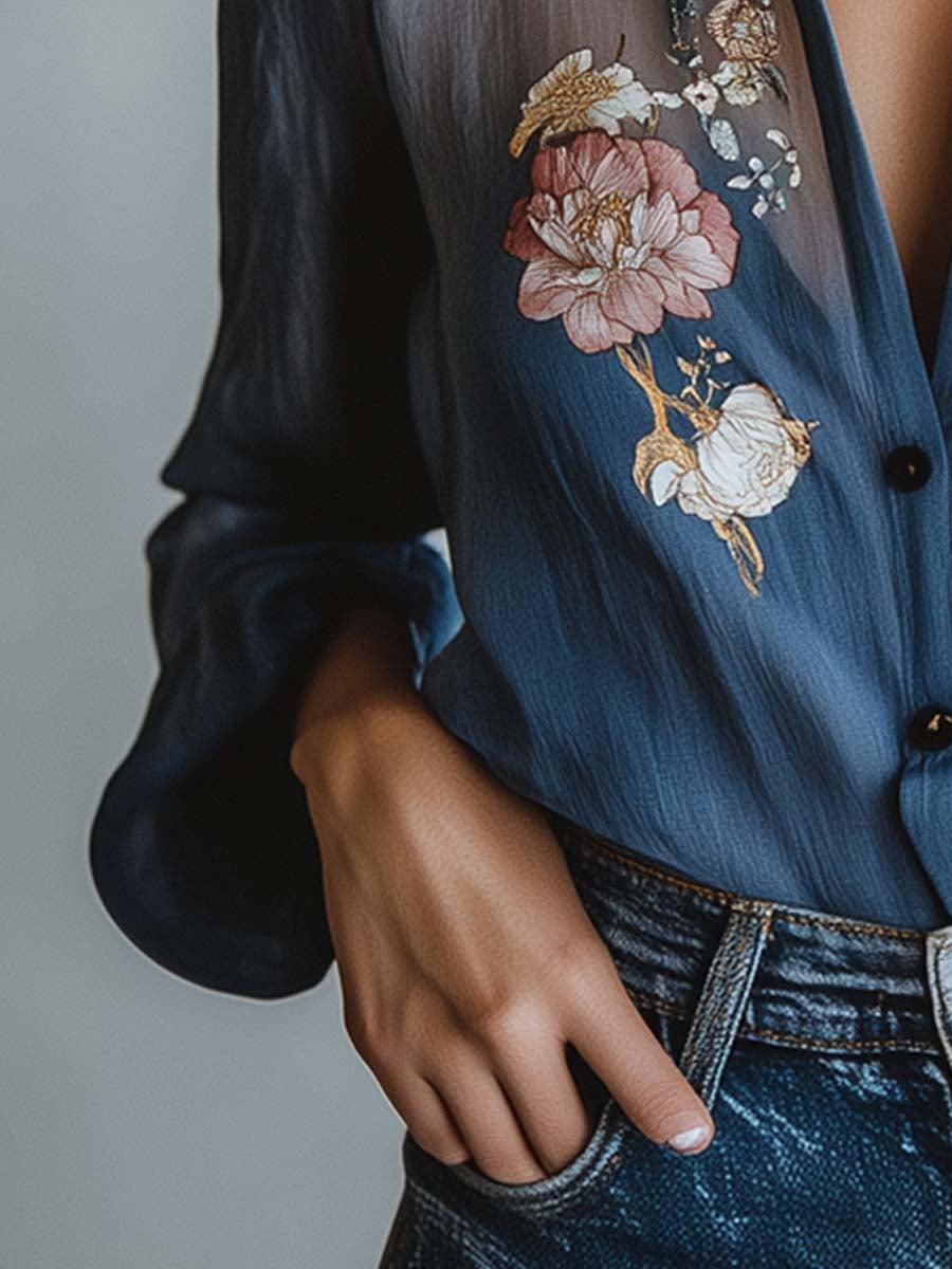 Asa Bluse til damer med løs pasform og blomsterprint i blå, billede 6