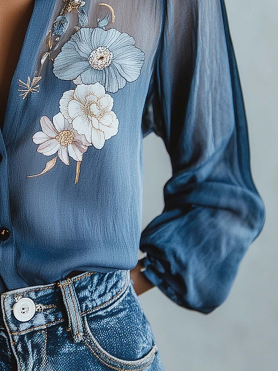 Asa Bluse til damer med løs pasform og blomsterprint i blå, billede 7