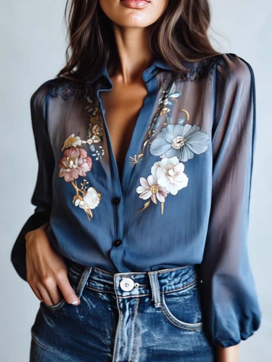 Asa Bluse til damer med løs pasform og blomsterprint i blå, billede 8
