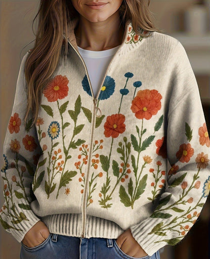 Elisabeth Cardigan til damer i strik med lynlås og blomsterprint, billede 1