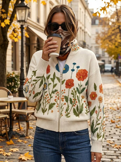 Elisabeth Cardigan til damer i strik med lynlås og blomsterprint, billede 2
