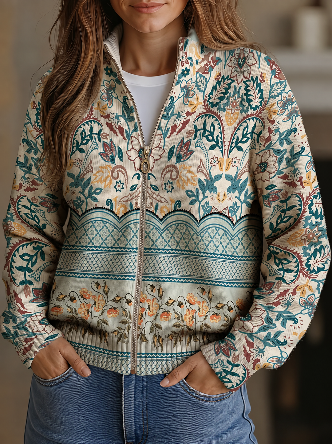 Esther Cardigan til damer med blomsterprint og allover print, billede 1