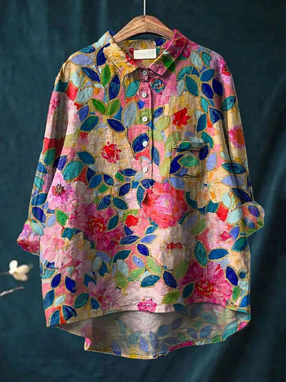 Grethe Bluse til damer i polyester med knapper og allover print, billede 5