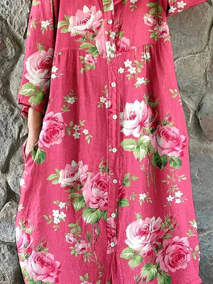 Ingelise Kjole til damer i bomuld med V-hals og blomsterprint, billede 2