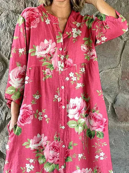 Ingelise Kjole til damer i bomuld med V-hals og blomsterprint, billede 3