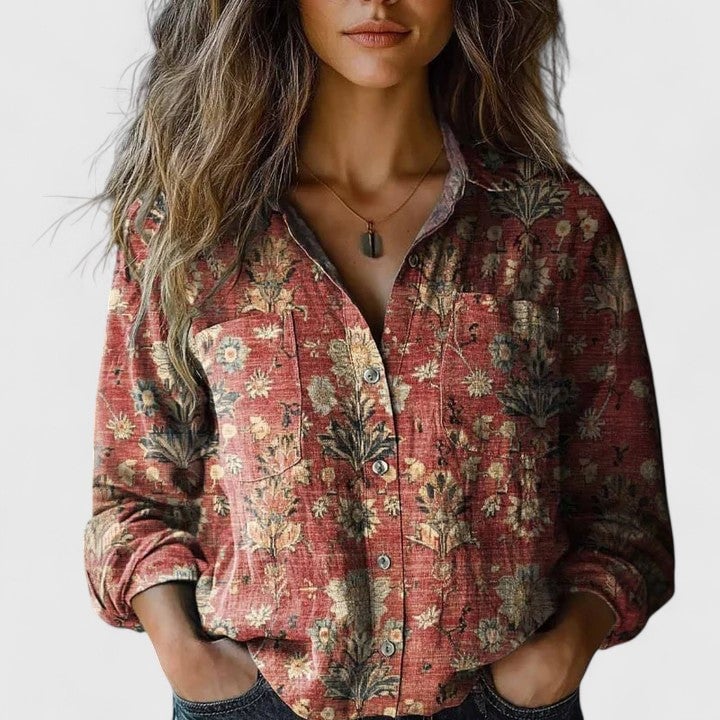 Jasmin Bluse til damer med revers og blomsterprint, billede 1