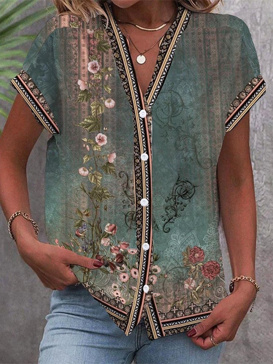 Jette Bluse til damer med V-hals og blomsterprint, billede 1