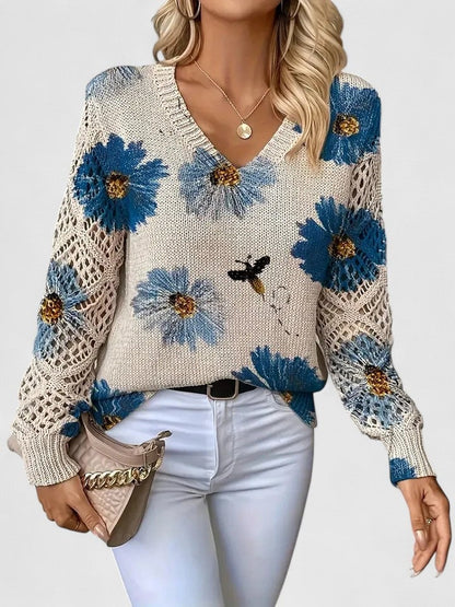 Rosa Cardigan til damer med V-hals og blomsterprint, billede 1