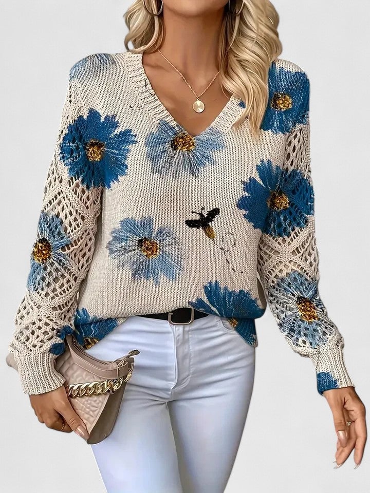 Rosa Cardigan til damer med V-hals og blomsterprint, billede 1
