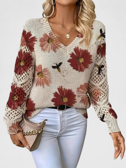 Rosa Cardigan til damer med V-hals og blomsterprint, billede 2