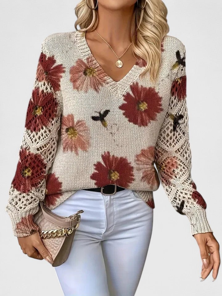 Rosa Cardigan til damer med V-hals og blomsterprint, billede 2