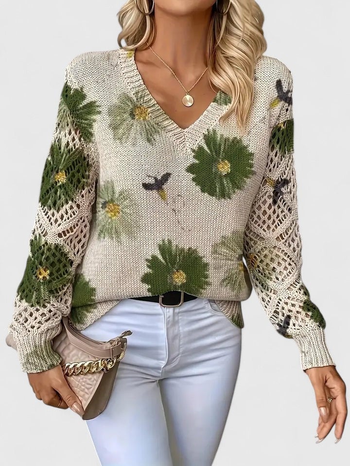 Rosa Cardigan til damer med V-hals og blomsterprint, billede 3
