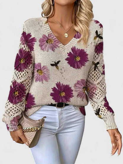 Rosa Cardigan til damer med V-hals og blomsterprint, billede 4