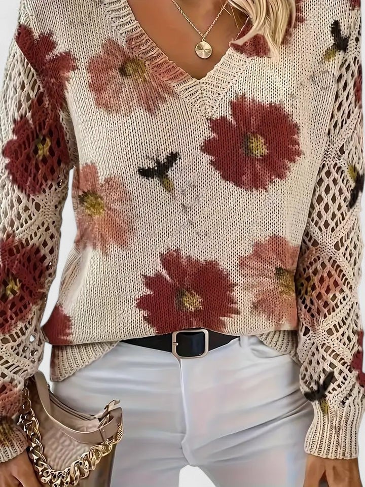 Rosa Cardigan til damer med V-hals og blomsterprint, billede 9